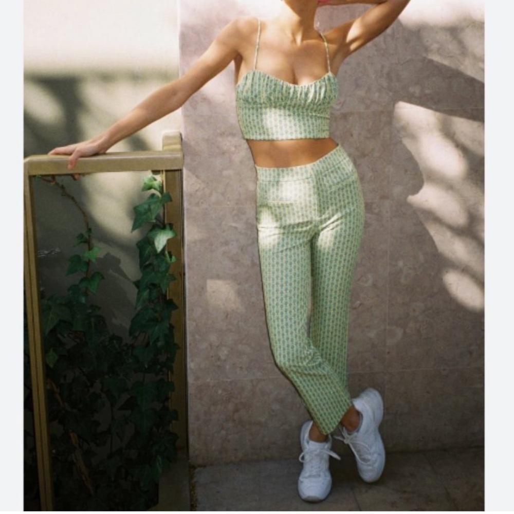 Zara Green Patterned Straight Leg Pants